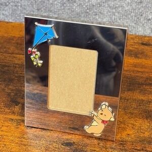 VTG Kirk Stieff Silver Plate Teddy Bear Kite Enamel Frame Nursery Decor Keepsake